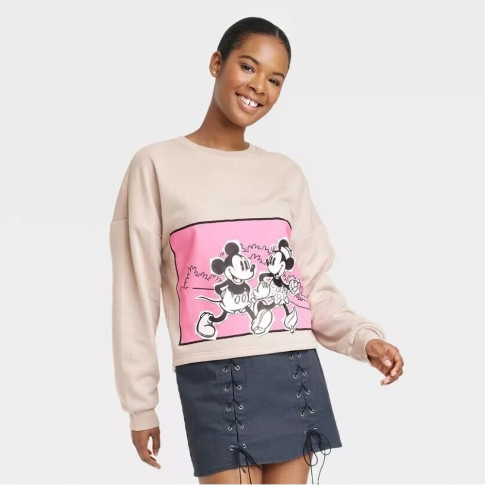 Disney Mickey and Minnie Mouse Tan and Pink Cropped Sweatshirt Shirt XL NWT